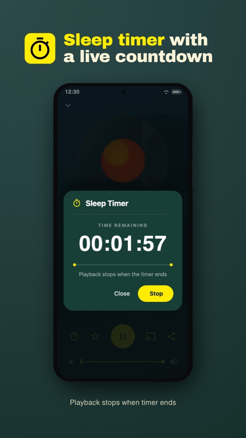 Sleep timer with a live countdown — playback stops when the timer ends